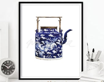 Impression d'art thé vintage amateur de théière chinoiseries saule blanc bleu oriental style cuisine art mural décoration zen TÉLÉCHARGEMENT NUMÉRIQUE