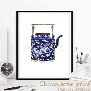 May include: A framed Chinoiserie print featuring a blue and white teapot with a dragon design. The teapot has a brass handle and spout. The print is a digital download. The text "Chinoiserie print" and "Digital Download" are visible.