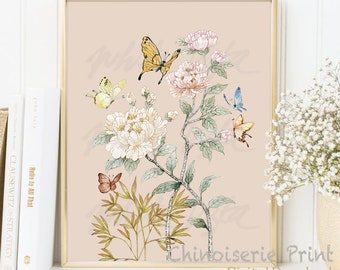 Papillon Chinoiserie Décor Oriental Cherry Blossom Willow Style Pastel Aquarelle Fleur Shabby Chic vintage Poster Art DIGITAL DOWNLOAD