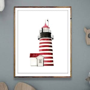 Lighthouse Wall Art Nautical Decor Decorative Marine Painting Sea Side Beach Themed Poster Red White Coastal Watercolour DIGITAL DOWNLOAD