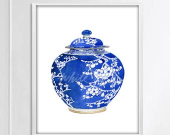 Blue and White Chinese Vase watercolor arts prints willow style Chinese porcelain Chinoiserie bone china Asian vase poster DIGITAL DOWNLOAD