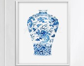 Blue White Chinese Vase Watercolor Art Prints Willow Style Chinoiseries Ming Asian Porcelain Wall Decor Painting Ginger Jar DIGITAL DOWNLOAD