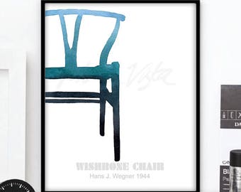 Retro Chair art prints, Wishbone chair watercolour painting Scandinavian poster, Mid Century Chair poster Designer wall art DIGITAL DOWNLOAD