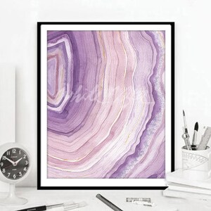 Agate Print Watercolour Purple Violet Gold Gem Stone illustration Painting  Rock Quartz Gemstone Modern Abstract Home Decor DIGITAL DOWNLOAD