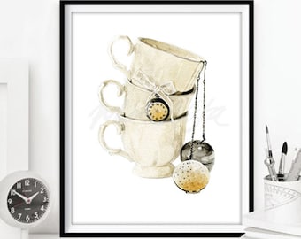 Vintage Tea cups water colour art prints, illustration dining kitchen home decor, afternoon tea, vintage tea cup art print, DIGITAL DOWNLOAD