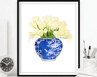Yellow Tulips Chinoiserie Decor Oriental Vase Blue and White Willow Style Porcelain Flower Ginger Jar Poster Wall Art Print DIGITAL DOWNLOAD