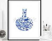 Vase Painting Blue White Chinese Art Prints Willow Style Asian Chinoiserie Wall Decor Watercolour Ming Porcelain Ginger Jar DIGITAL DOWNLOAD