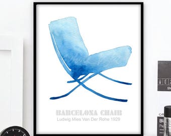 Barcelona Chair Prints Retro Poster Watercolour Painting Scandinavian Mid Century Home Decor Furniture Nordic  Wall Art DIGITAL DOWNLOAD