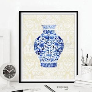 Blau-weiße Chinoiserie Vase Kunstdruck Willow Style Poster Aquarell Pastell Painting Chinese Bone China Wall Decor DIGITAL DOWNLOAD