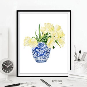 Gelbe Tulpen Chinoiserie Dekor Orientalische Vase Blau und Weiß Willow Stil Porzellanblume Ingwerglas Poster Wand Kunst Druck DIGITAL DOWNLOAD