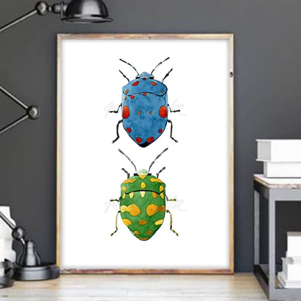 Beetle Bug Art Prints Illustration Wall Decor Watercolour Modern Nature Poster Painting Blue Green Bugs Printable Artwork DIGITAL DOWNLOAD