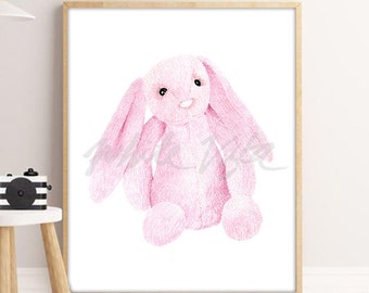 Rabbit Soft Toy Prints Nursery Painting Watercolour Print Woodland Animal Wall Art Toddler Decor Kids Modern Bedroom Girls DIGITAL DOWNLOAD