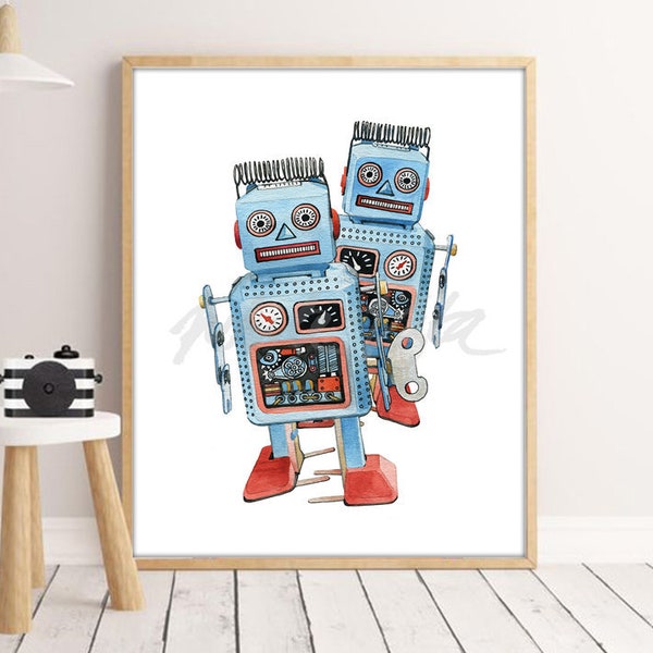 Robot Wall Art Prints Nursery Painting Watercolor Toddlers Room Decor Kids Vintage Inspired Tin Blue Robots Childs Children DIGITAL DOWNLOAD