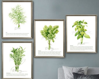 Herbs Prints Set of 4 Rosemary Mints Dill Parsley Vegetable Poster Illustration Green Watercolor Wall Arts Kitchen Decor DIGITAL DOWNLOAD