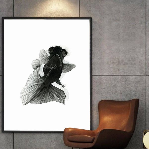Goldfish illustration watercolour digital art prints, zen Japanese modern illustration home decor wall art gift, black& white meditation 06