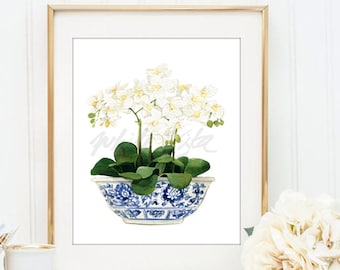 White Orchid Chinoiserie Decor Oriental Vase Blue and White Willow Style Porcelain Flower Ginger Jar Poster Wall Art Print DIGITAL DOWNLOAD