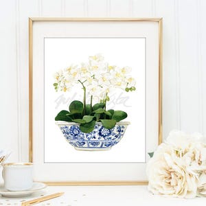 Weiße Orchidee Chinoiserie Dekor Orientalische Vase blau-weiße Weide Stil Porzellan Blume Ingwer Glas Poster Wand Kunst Druck DIGITAL DOWNLOAD