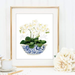 White Orchid Chinoiserie Decor Oriental Vase Blue and White Willow Style Porcelain Flower Ginger Jar Poster Wall Art Print DIGITAL DOWNLOAD