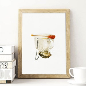 May include: A watercolour painting of a white teacup with a tea infuser hanging from the side. The teacup is filled with light brown tea and a sugar stick is resting on the rim. The background is white.