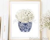 Chinese Vase Print White Roses Watercolor Willow Art Style Piony Flower Porcelain Chinoiseries Bone China Asian Bowl Poster DIGITAL DOWNLOAD