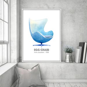 May include: A watercolor illustration of a blue Egg Chair designed by Arne Jacobsen in 1958. The chair is depicted against a white background with the text "EGG CHAIR" and "Arne Jacobsen: 1958" below it.