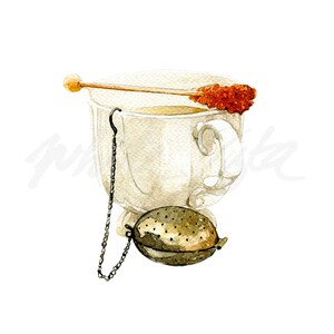 May include: A white teacup with a tea infuser and a sugar stick with brown sugar crystals. The teacup has a handle and a small base. The tea infuser is a metal ball with a chain attached to it. The sugar stick is made of wood and has a small ball on the end.