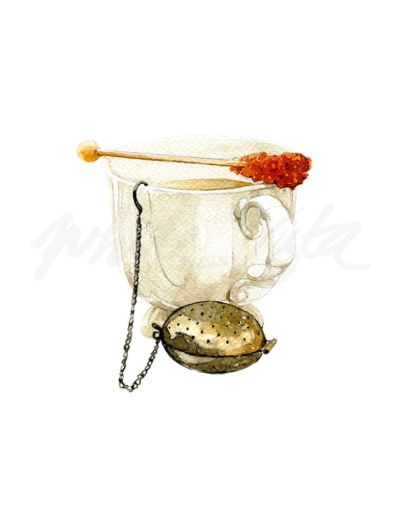 May include: A white teacup with a tea infuser and a sugar stick with brown sugar crystals. The teacup has a handle and a small base. The tea infuser is a metal ball with a chain attached to it. The sugar stick is made of wood and has a small ball on the end.