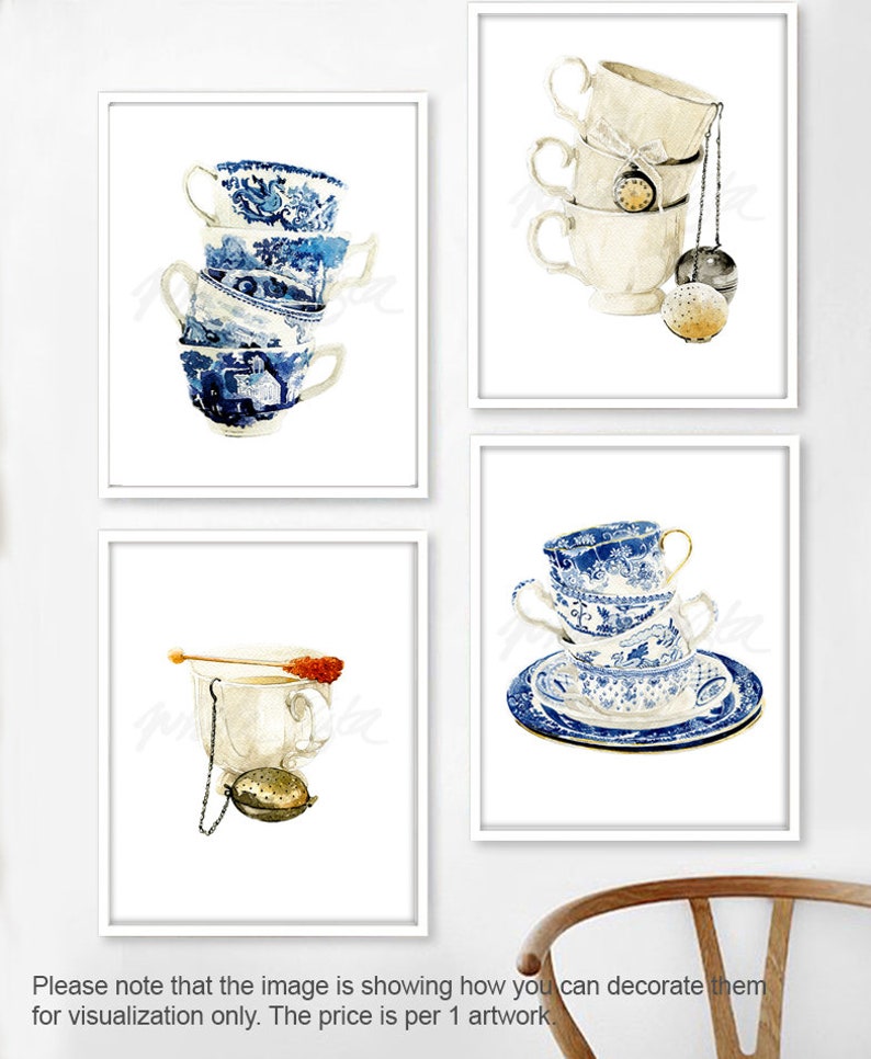 May include: Four watercolour paintings of teacups. The first painting shows a stack of four blue and white teacups. The second painting shows a stack of three white teacups with a tea strainer hanging from the top cup. The third painting shows a single white teacup with a tea strainer and a sugar stick. The fourth painting shows a stack of three blue and white teacups on a blue and white saucer.