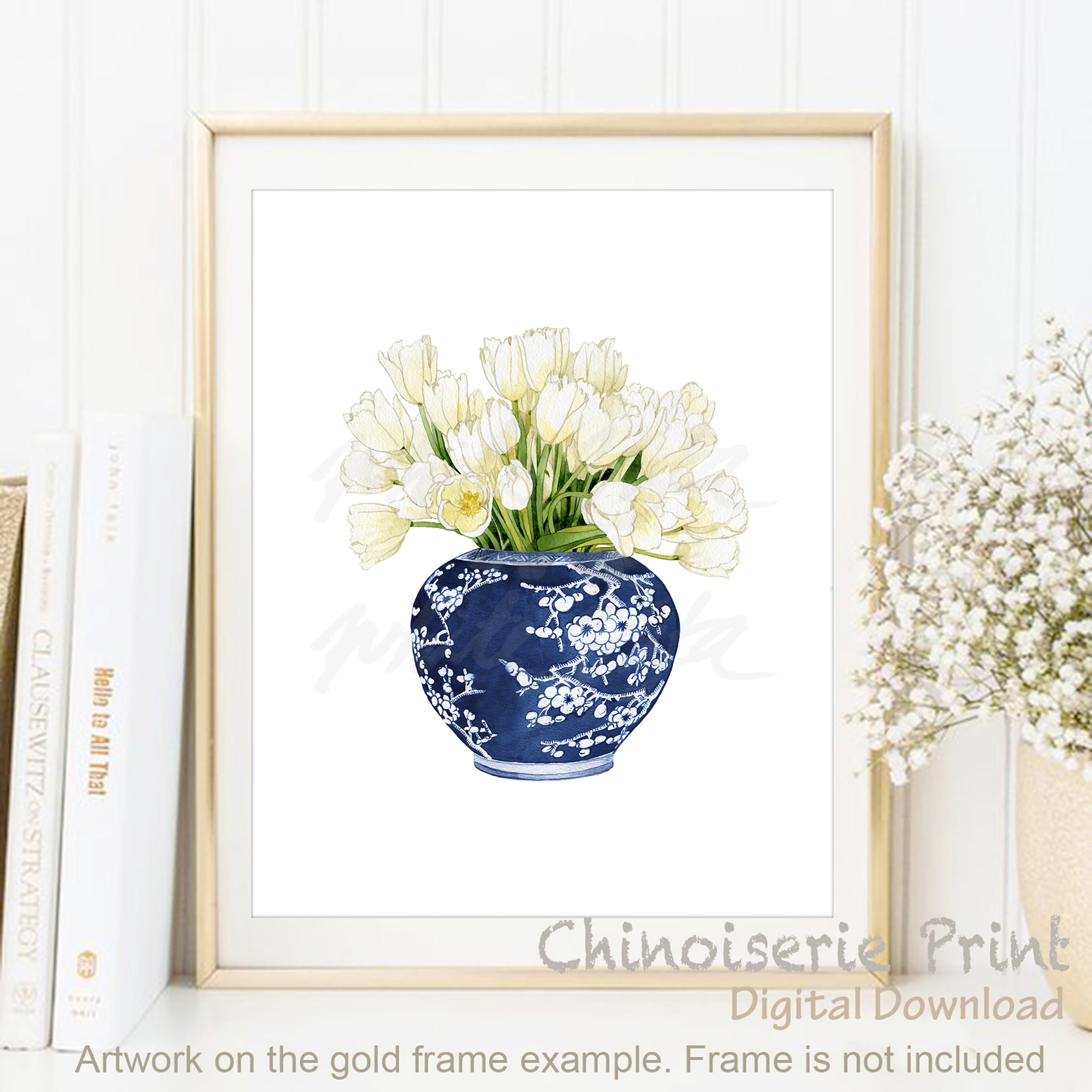 White Tulips Chinoiserie Painting, Zen Decor Oriental Art Floral Artwork Blue White Willow Style Palm Beach Chic Ginger Jar DIGITAL DOWNLOAD