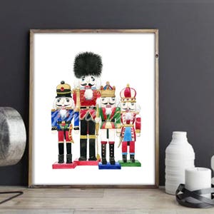 May include: A watercolor painting of four nutcracker figurines. The nutcrackers are all wearing different colorful outfits and hats. The nutcrackers are standing on a white background.