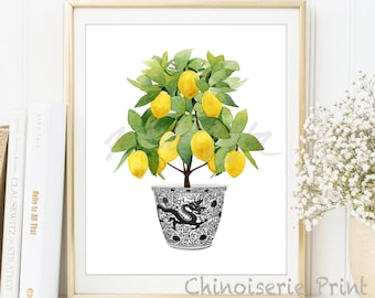 Lemon Print Chinoiserie Planter Bonsai Chinese Painting Zen Decor Oriental Art Black White Willow Style Lemon Kitchen Poster DIGITALDOWNLOAD