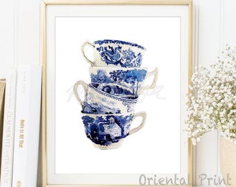 Tea cup watercolour art print willow style blue&white willow tea cup watercolour painting bone china art vintage tea cup DIGITAL DOWNLOAD 2