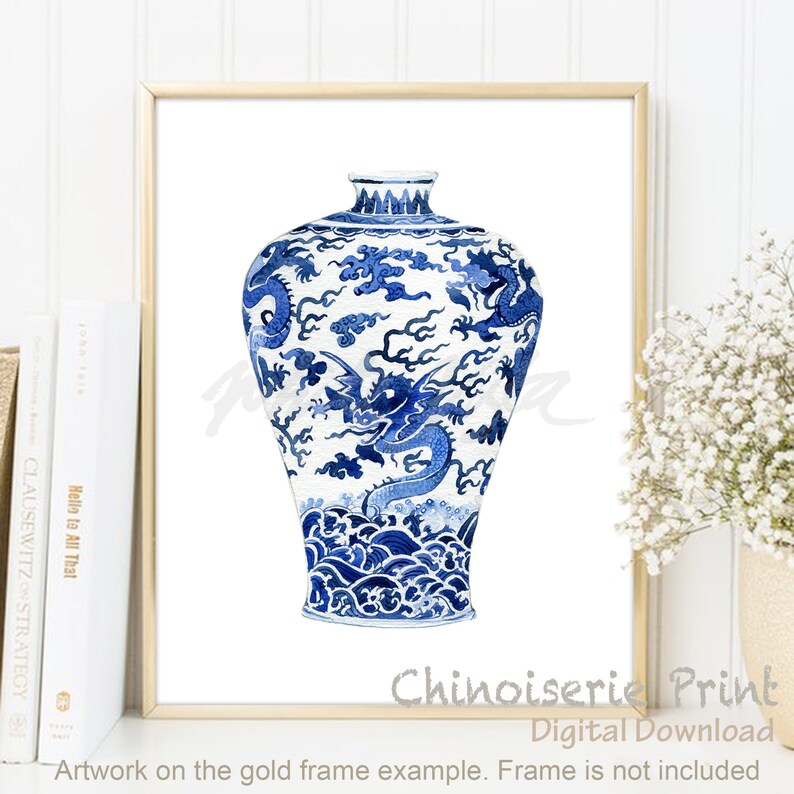 Blue White Chinese Vase Watercolor Art Prints Willow Style Chinoiseries ...