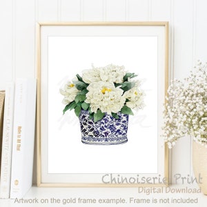 Weiße Pfingstrose Blume Chinoiserie Kunst Oriental Vase Blau Weiß über Bett Kunst Willow Style Ginger Jar Poster Aquarellkunst DIGITAL DOWNLOAD