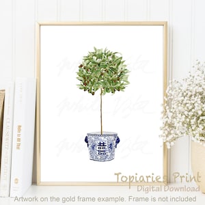 Vaso de Árvore Topiária Chinoiserie, Topiarias de Oliveira, Aquarela, Pintura Chinesa, Decoração Zen, Arte Oriental, Salgueiro Azul e Branco - DOWNLOAD DIGITAL