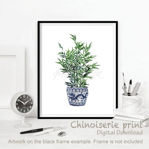 Blue Willow,  Chinoiserie Art, Bamboo Plant, Chinese Painting , Colonial Art, Oriental Vase Island Style Decor Plant Poster DIGITAL DOWNLOAD