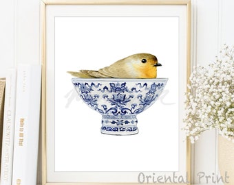 Art chinois oiseau Noël aquarelle imprimable automne hiver vase oriental rouge-gorge bleu blanc saule blanc affiche de style TÉLÉCHARGEMENT NUMÉRIQUE