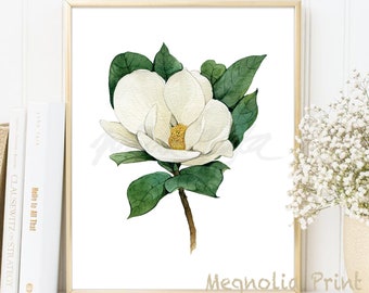 Magnolia Printt, White Magnolia Art, Vintage Flower Style, Above Bed Art, Floral Blooming, Wild Flower, Illustration Poster DIGITAL DOWNLOAD