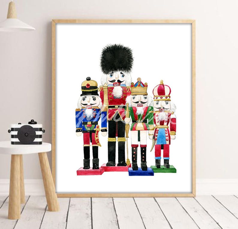 May include: A watercolor painting of five nutcracker figurines. The nutcrackers are all different colors and have different facial expressions. The nutcrackers are standing in a row, and the one in the middle is the tallest.