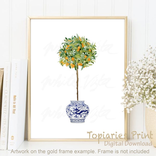 Topiaire Arbre Orange Topiaires Imprimer Chinoiserie Bonsaï Aquarelle Peinture Zen Décor Oriental Bleu Blanc Saule Style Art TÉLÉCHARGEMENT NUMÉRIQUE