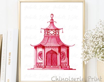 Pagode rose chinoiseies impression d'art affiche de Style saule peinture pagode chinoise belvédère jardin architectural Chine décoration d'intérieur TÉLÉCHARGEMENT NUMÉRIQUE