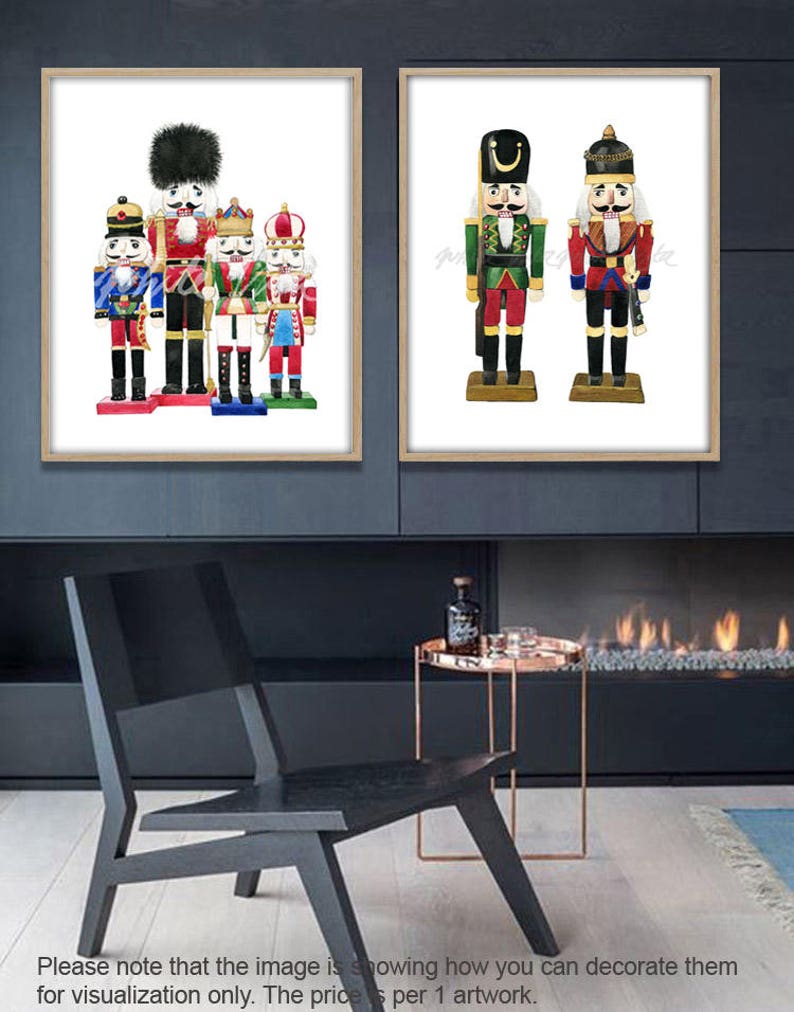 May include: Two framed watercolor paintings of nutcracker figurines. The first painting shows five nutcrackers in a row, with the tallest in the center. The second painting shows two nutcrackers standing side-by-side.