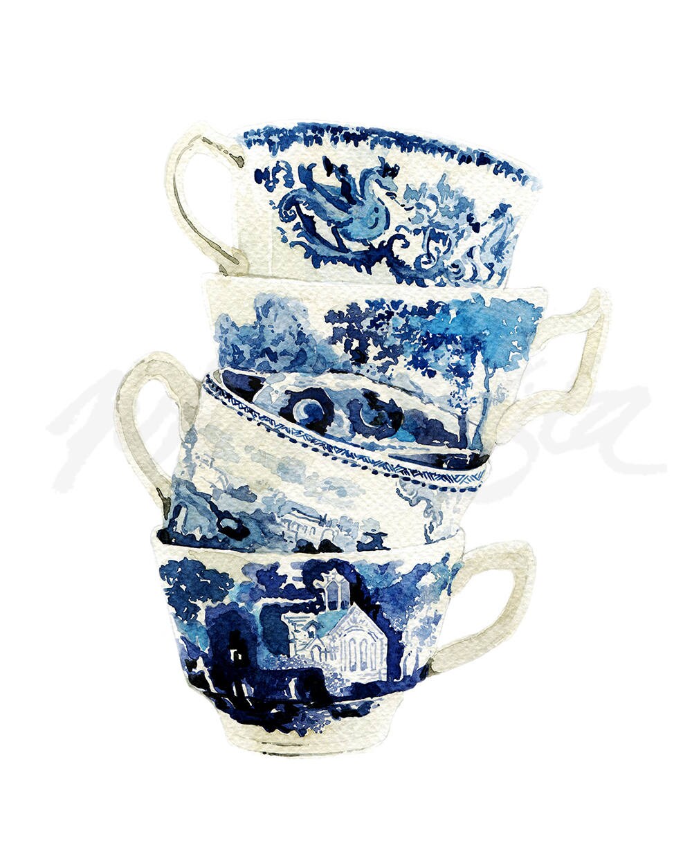 tea-cup-watercolour-art-print-willow-style-blue-white-willow-etsy