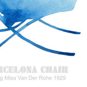 May include: A blue watercolor illustration of a Barcelona chair designed by Mies Van Der Rohe in 1929.