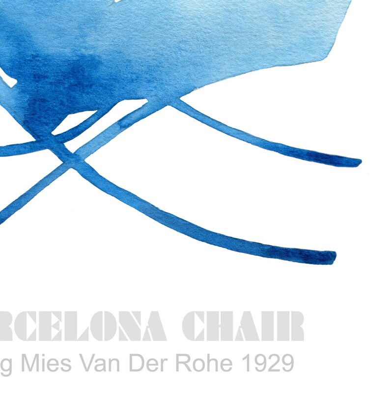 May include: A blue watercolor illustration of a Barcelona chair designed by Mies Van Der Rohe in 1929.