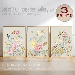 Set of 3 Wall Art Chinoiserie Printable Mother's Day Gifts Botanical Prints Summer Garden Flowers Decor Pastel Pretty Wall DIGITAL DOWNLOAD