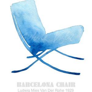 May include: A watercolor illustration of a blue Barcelona chair designed by Ludwig Mies van der Rohe in 1929. The chair is a classic example of modern design.