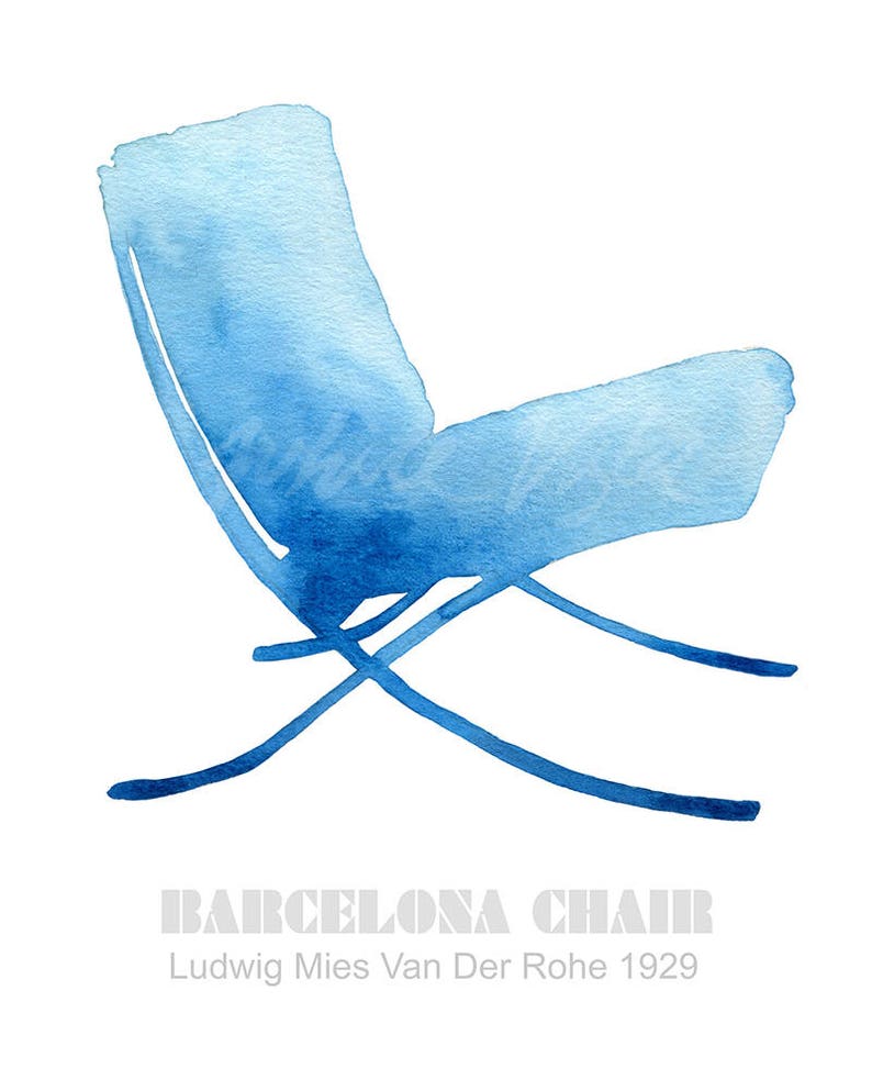 May include: A watercolor illustration of a blue Barcelona chair designed by Ludwig Mies van der Rohe in 1929. The chair is a classic example of modern design.