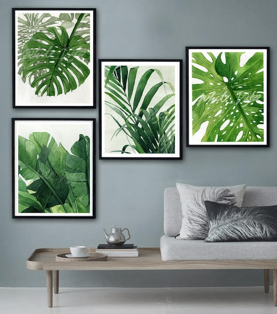 Tropical Wall Art Print Set Of 4 Palm Banana Monstera Leaf Poster Botanical Minimalist Plant Watercolour Artwork Home Decor Digital