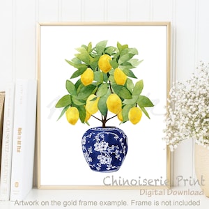 Póster de cocina con diseño de limones, estilo chinoiserie, bonsái, pintura china, decoración zen, arte oriental, estilo sauce azul y blanco, DESCARGA DIGITAL